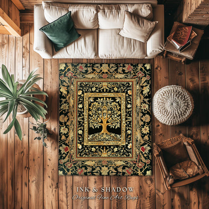 Regal Golden Tree of Life Accent Rug | Gilt Border Ornate Medieval Design Folklore Style Woodland Decor Maximalist Area Rug Nordic Aesthetic