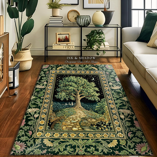Cottagecore Moonlit Meadow Rug | Floral Garden Classic Pastoral Landscape Tree of Life Home Accent Decorative Aesthetic Fairytale Folklore |
