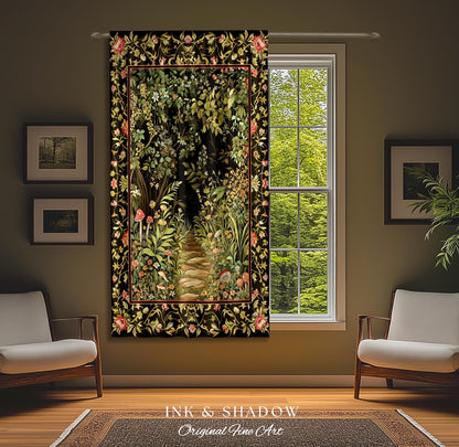 May include: A tapestry with a black background and a path through a forest. The path is made of stone and is lined with green plants and flowers. The tapestry is framed in a black frame with a gold border. The tapestry is hanging on a wall in a room with a window and two chairs. The text at the bottom of the tapestry reads &#39;INK & SHADOW Original Fine Art.&#39;
