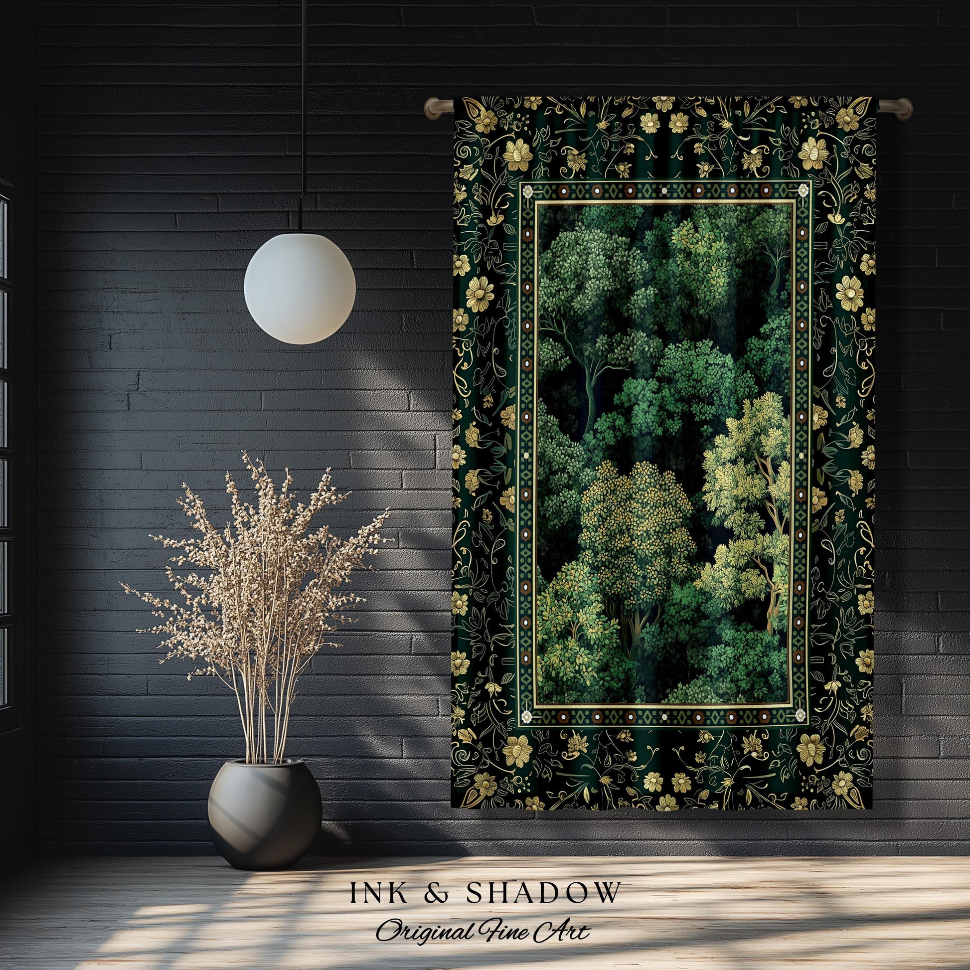 May include: A tapestry with a dark green background and gold accents. The tapestry features a forest scene with trees and foliage in shades of green. The tapestry is framed with a gold border and has a floral design. The text &#39;INK & SHADOW Original Fine Art&#39; is displayed at the bottom of the tapestry.