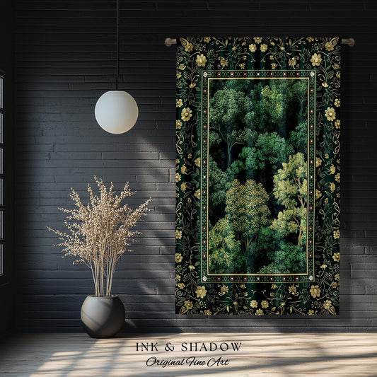 May include: A tapestry with a dark green background and gold accents. The tapestry features a forest scene with trees and foliage in shades of green. The tapestry is framed with a gold border and has a floral design. The text &#39;INK & SHADOW Original Fine Art&#39; is displayed at the bottom of the tapestry.