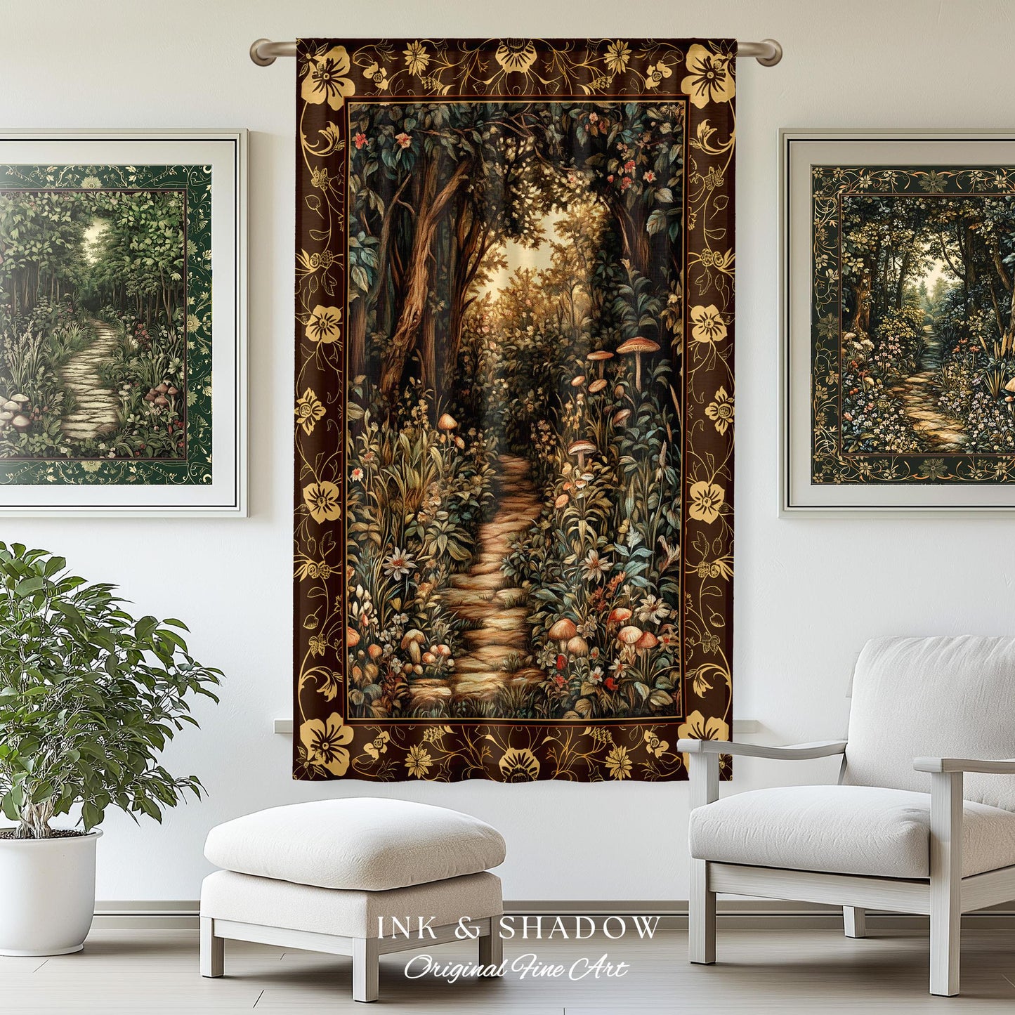 May include: A tapestry with a dark brown background and a gold border. The tapestry depicts a path through a forest with trees, flowers, and mushrooms. The path is made of stone and leads to a clearing in the forest. The tapestry is hanging on a wall in a room with a white chair and a white ottoman. The text 'INK & SHADOW Original Fine Art' is printed below the tapestry.