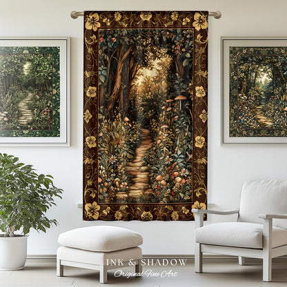 May include: A tapestry with a dark brown background and a gold border. The tapestry depicts a path through a forest with trees, flowers, and mushrooms. The path is made of stone and leads to a clearing in the forest. The tapestry is hanging on a wall in a room with a white chair and a white ottoman. The text 'INK & SHADOW Original Fine Art' is printed below the tapestry.