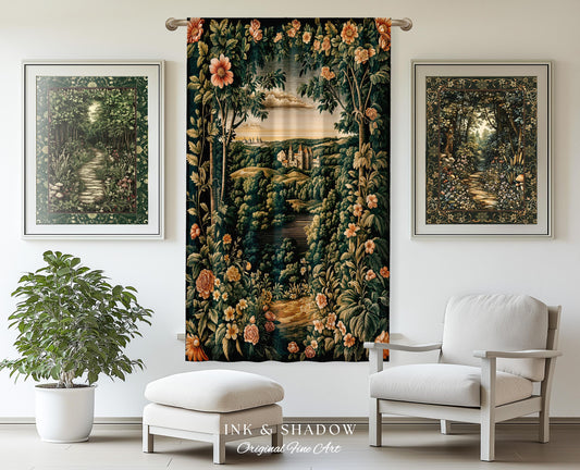 May include: A tapestry with a floral design and a landscape scene in the center. The tapestry is hanging on a wall in a room with a white chair, a white ottoman, and a green plant. The tapestry has a dark green background with pink and yellow flowers. The landscape scene shows a river flowing through a forest with a castle in the distance. The tapestry has the text 'INK & SHADOW Original Fine Art' at the bottom.