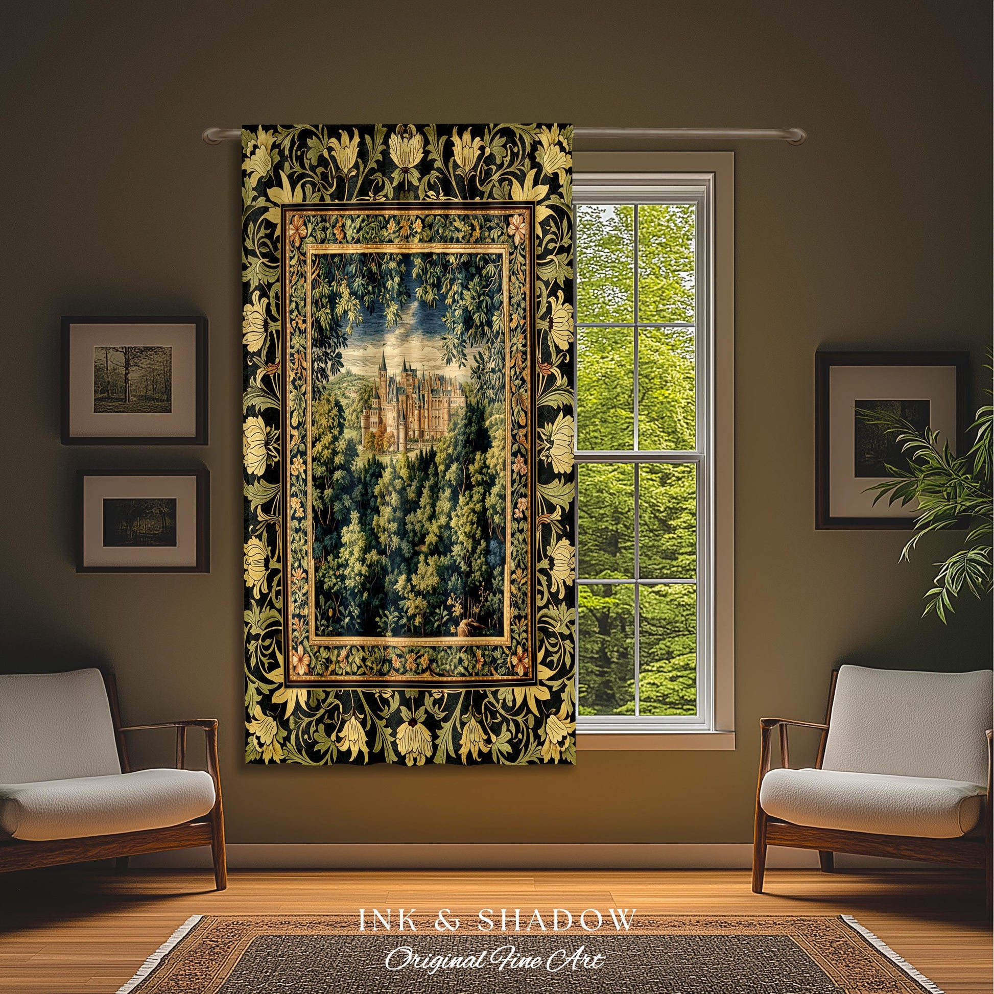 May include: A tapestry with a black background and gold and green floral border. The tapestry depicts a castle in a forest setting. The tapestry is hanging on a wall in a room with a window and two chairs. The text below the tapestry reads &#39;INK & SHADOW Original Fine Art&#39;.