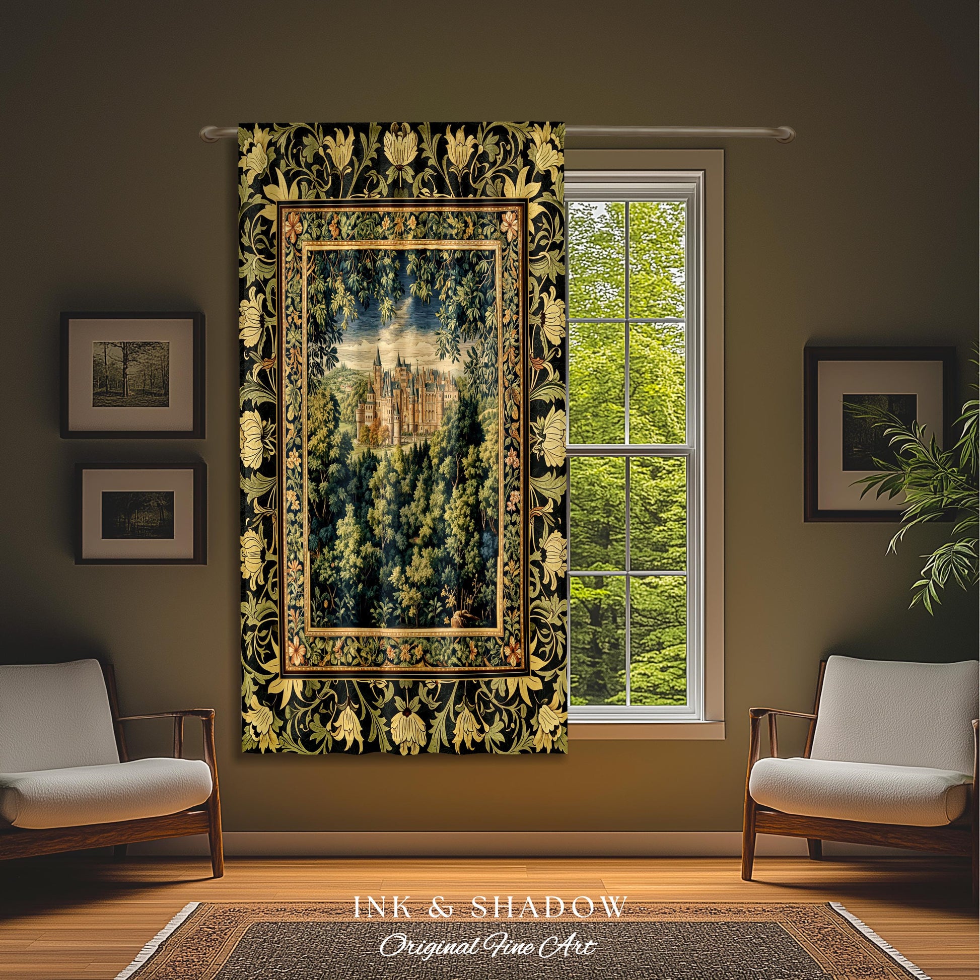 May include: A tapestry with a black background and gold and green floral border. The tapestry depicts a castle in a forest setting. The tapestry is hanging on a wall in a room with a window and two chairs. The text below the tapestry reads 'INK & SHADOW Original Fine Art'.