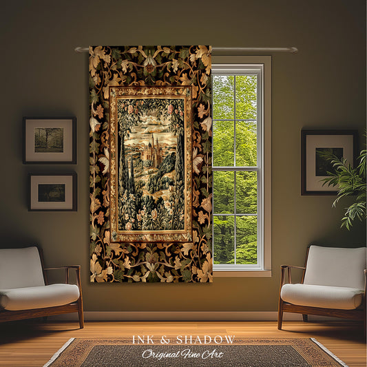 May include: A tapestry with a gold frame depicting a castle in a green landscape with trees and flowers. The tapestry is surrounded by a black background with green and gold floral designs. The tapestry is hanging on a wall with a window behind it. The text below the tapestry reads 'INK & SHADOW Original Fine Art'.