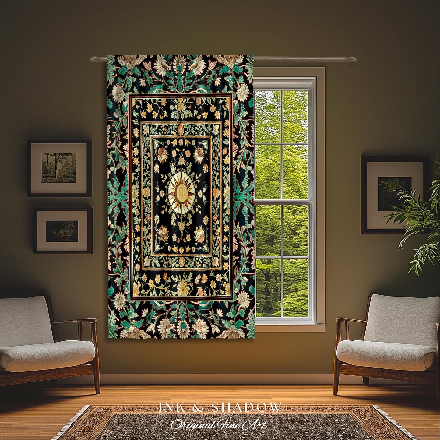May include: A tapestry with a black background and a green, white, and gold floral pattern. The tapestry is framed by a wooden frame and is hanging on a wall. The tapestry is surrounded by a brown wall and a window with a view of green trees. The text &#39;INK & SHADOW Original Fine Art&#39; is printed below the tapestry.