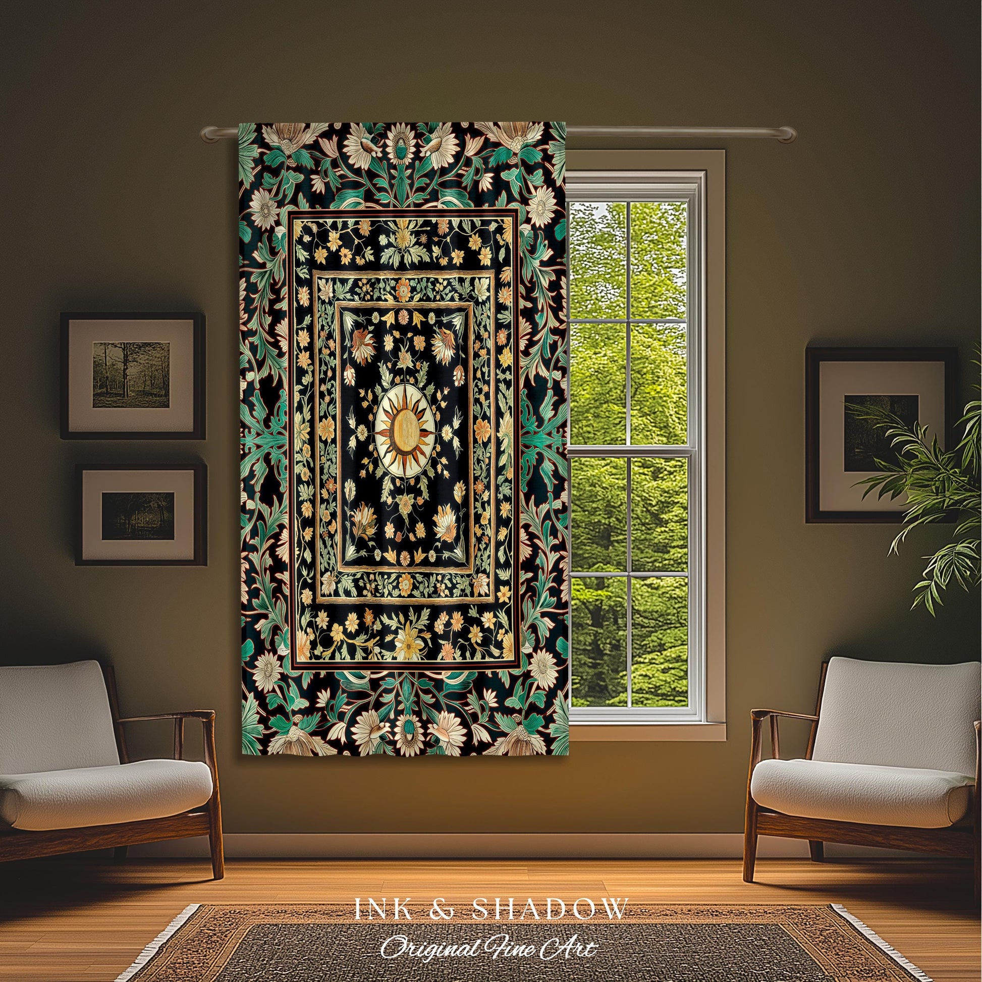 May include: A tapestry with a black background and a green, white, and gold floral pattern. The tapestry is framed by a wooden frame and is hanging on a wall. The tapestry is surrounded by a brown wall and a window with a view of green trees. The text &#39;INK & SHADOW Original Fine Art&#39; is printed below the tapestry.