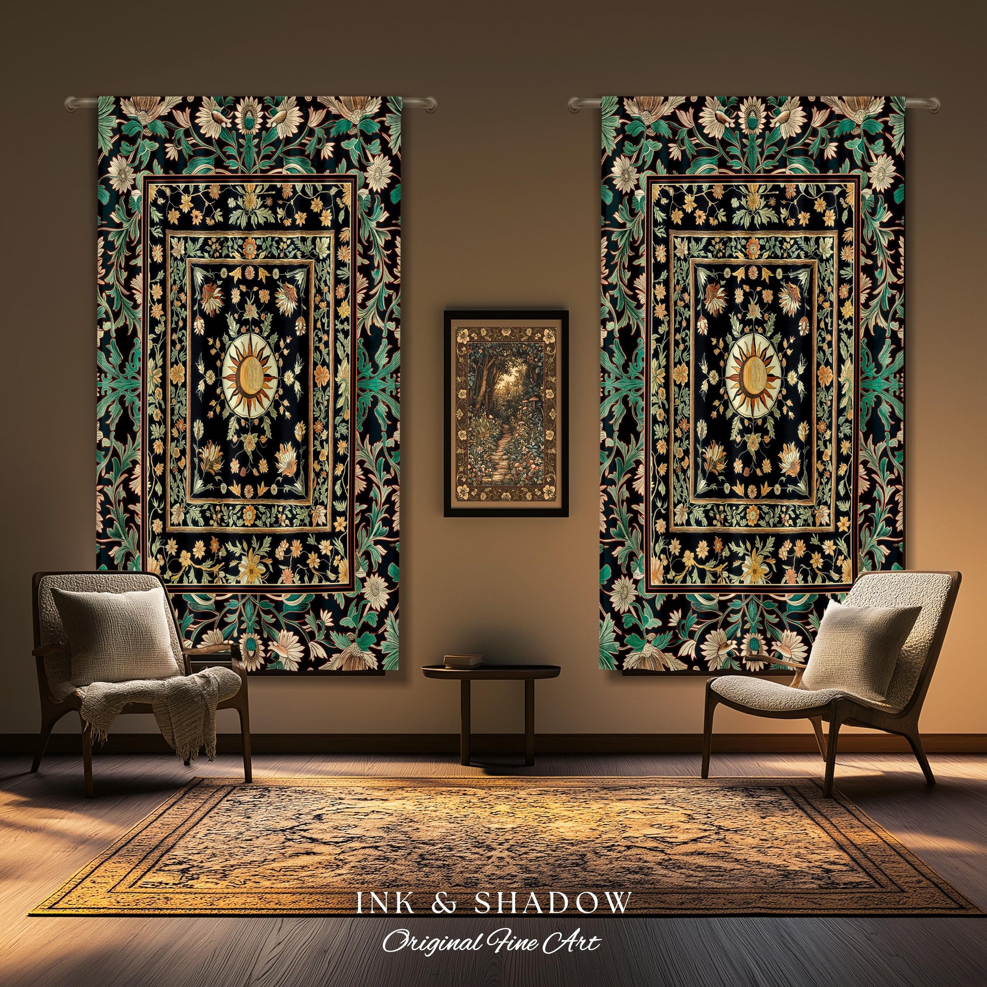 May include: Two black and green tapestries with intricate floral designs and gold accents hang on a brown wall. The tapestries are framed with a gold border. The tapestries are hung above two chairs with pillows and a small table. The rug on the floor is gold and brown with a floral design. The text on the rug reads &#39;INK & SHADOW Original Fine Art&#39;.