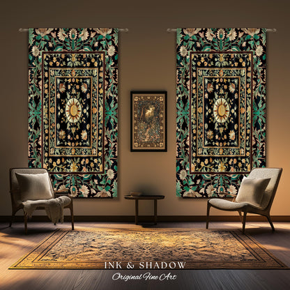 May include: Two black and green tapestries with intricate floral designs and gold accents hang on a brown wall. The tapestries are framed with a gold border. The tapestries are hung above two chairs with pillows and a small table. The rug on the floor is gold and brown with a floral design. The text on the rug reads &#39;INK & SHADOW Original Fine Art&#39;.