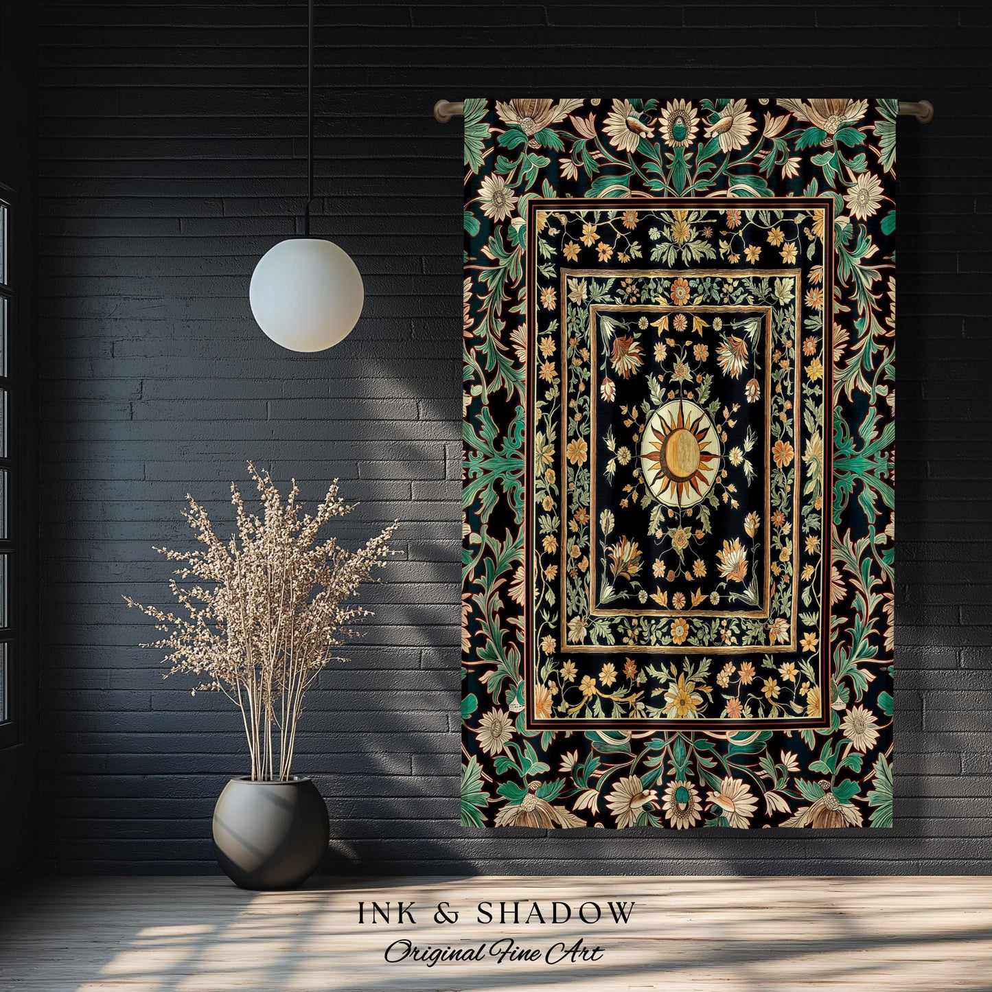 May include: A tapestry with a black background and a gold and green floral pattern. The center of the tapestry features a large gold sun with rays. The tapestry is hanging on a black brick wall. The text &#39;INK & SHADOW Original Fine Art&#39; is visible at the bottom of the image.