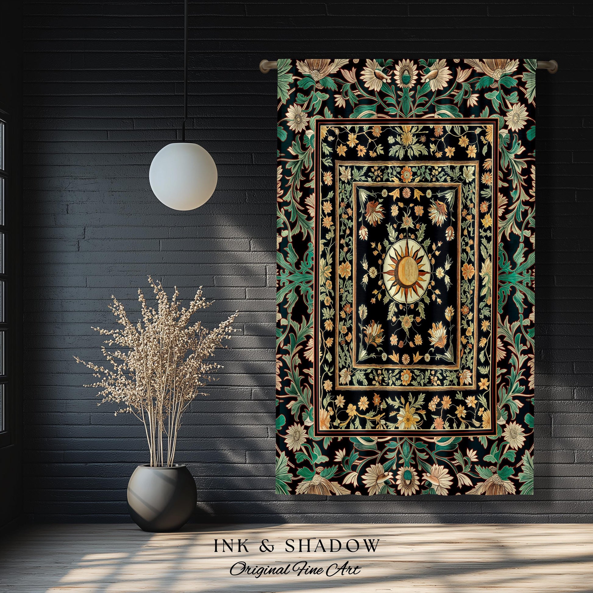May include: A tapestry with a black background and a gold and green floral pattern. The center of the tapestry features a large gold sun with rays. The tapestry is hanging on a black brick wall. The text &#39;INK & SHADOW Original Fine Art&#39; is visible at the bottom of the image.