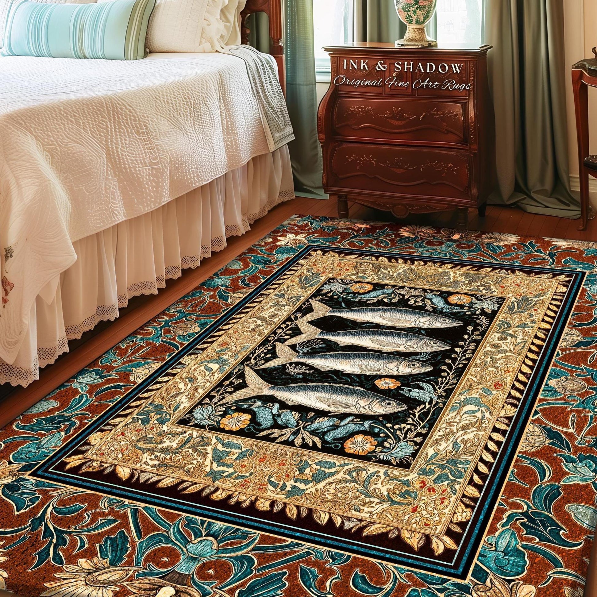 Rustic Coastal Sardine Fish Area Rug | Vintage Maritime Art Decor Mystical Oceanic Boho Beach House Accent Nautical Cottagecore Aesthetic |