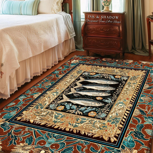 Rustic Coastal Sardine Fish Area Rug | Vintage Maritime Art Decor Mystical Oceanic Boho Beach House Accent Nautical Cottagecore Aesthetic |
