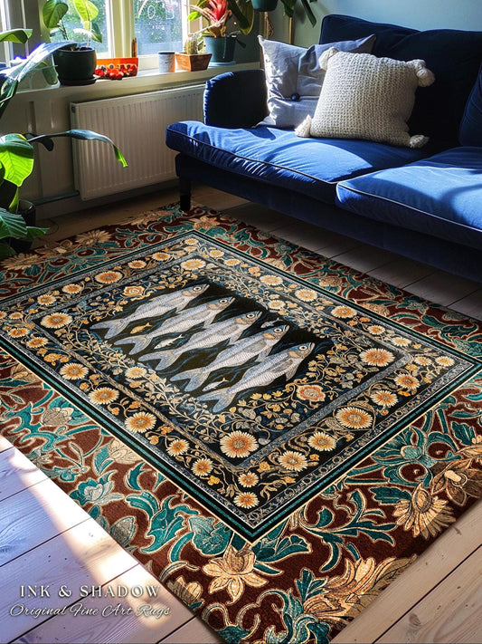 Ethereal Medieval Maritime Fish Area Rug | Antique Sardine Art Coastal Cottagecore Nautical Botanical Ocean Decor Vintage Sea Accent Rug |
