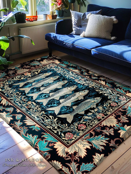 Nautical Folk Art Sardine Area Rug | Nautical Folk Art-Inspired Bedroom Marine Scene Coastal Botanical Home Accent Boho Oceancore Mermaid |