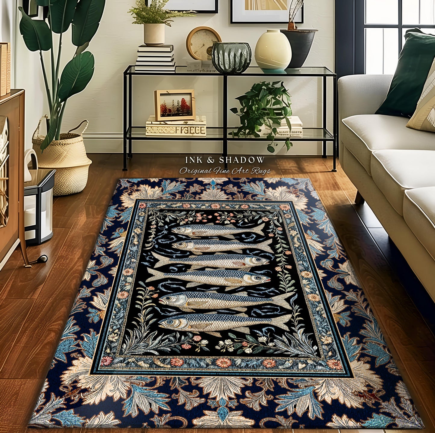 Dreamy Ocean Theme Area Rug | Sardine Theme Fish Design Nautical Cottagecore Sea Art Print Folk Coastal Bedroom Accent Decor Maritime Magic