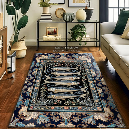 Dreamy Ocean Theme Area Rug | Sardine Theme Fish Design Nautical Cottagecore Sea Art Print Folk Coastal Bedroom Accent Decor Maritime Magic