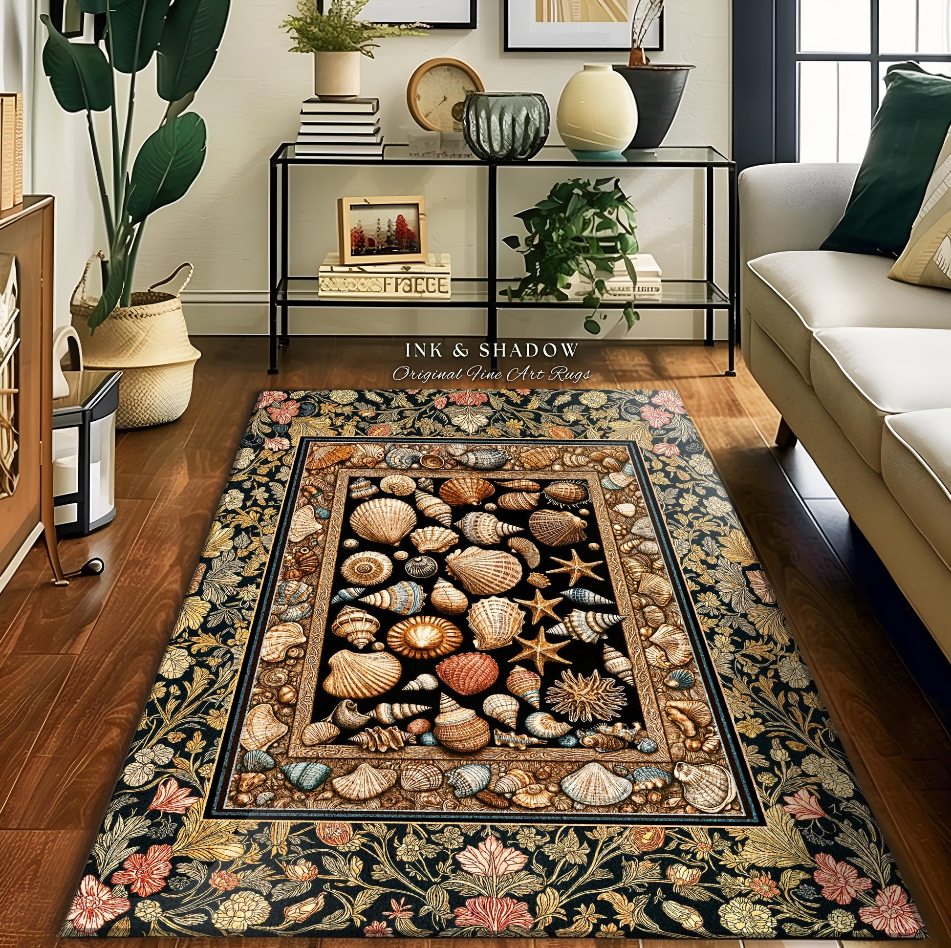 Rustic Seaside Shell Art Cozy Blanket | Oceanic Nature Tapestry Coastal Illustration Marine Life Woven Decor Nautical Maximalist Beach Style