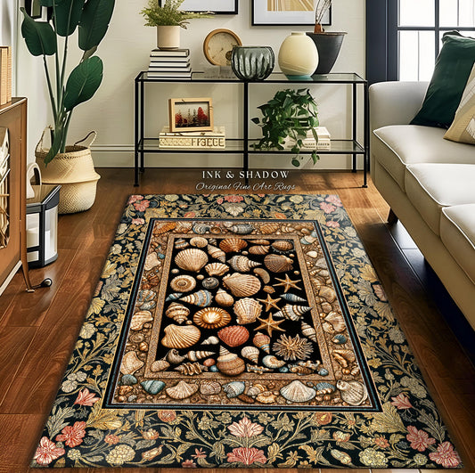Rustic Seaside Shell Art Cozy Blanket | Oceanic Nature Tapestry Coastal Illustration Marine Life Woven Decor Nautical Maximalist Beach Style