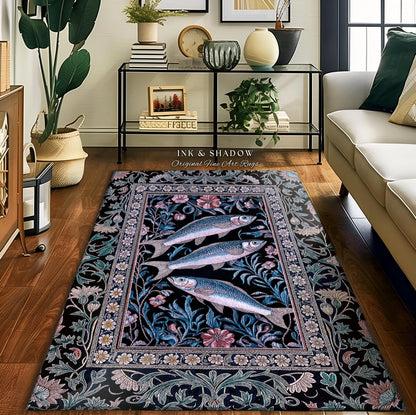 Ornate Coastal Fish Area Rug | Jacquard Home Accent Folk Botanical Sardine Design Vintage-Inspired Nautical Decor Eclectic Bedroom Accent |