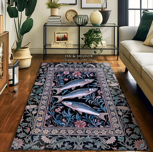 Ornate Coastal Fish Area Rug | Jacquard Home Accent Folk Botanical Sardine Design Vintage-Inspired Nautical Decor Eclectic Bedroom Accent |