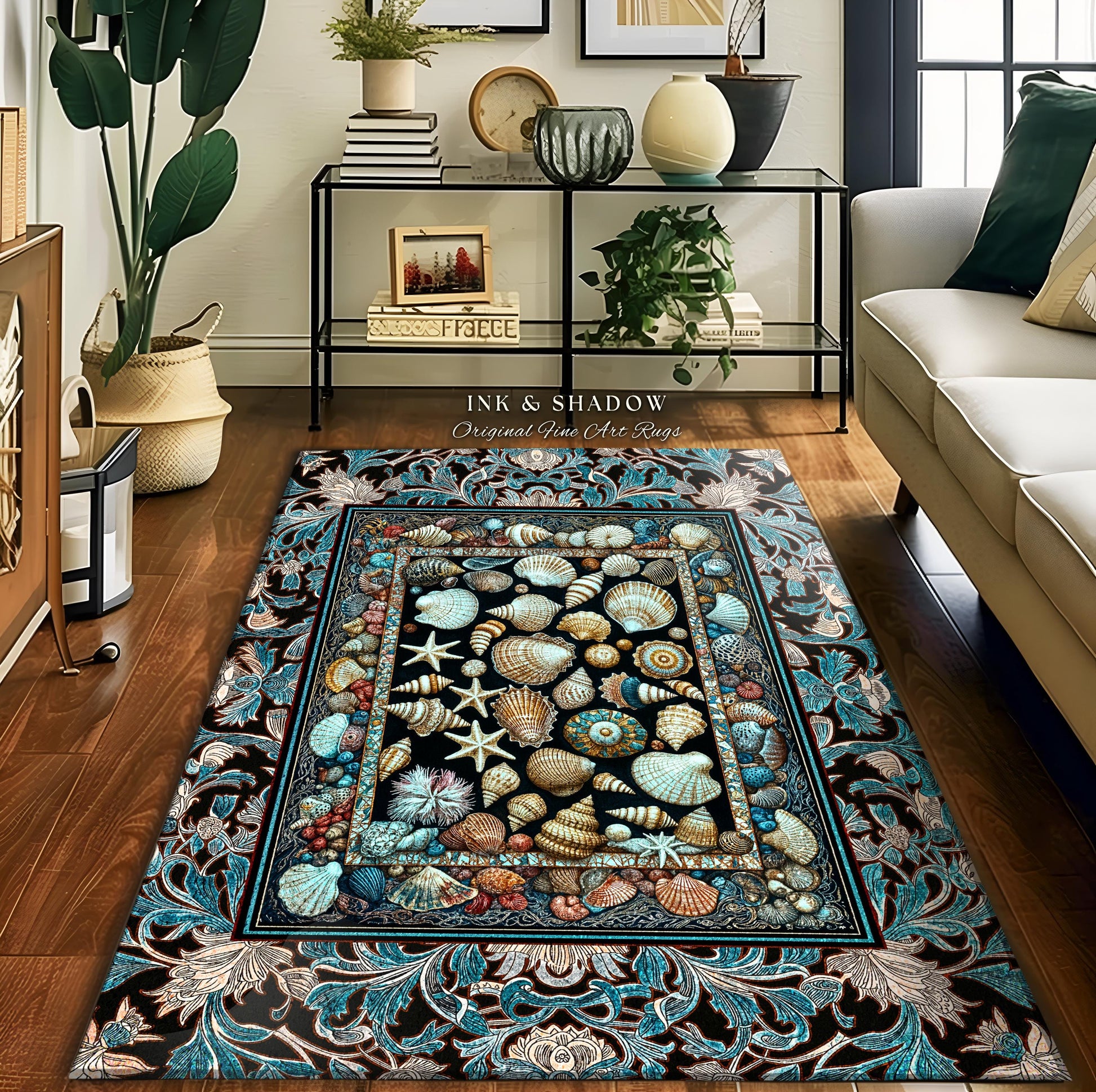 Ocean Theme Coastal Area Rug | Beachy Cottage Nautical Theme Seashell Art Vintage Mermaidcore Marine Life Bedroom Accent Rug Eclectic Decor