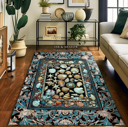 Ocean Theme Coastal Area Rug | Beachy Cottage Nautical Theme Seashell Art Vintage Mermaidcore Marine Life Bedroom Accent Rug Eclectic Decor