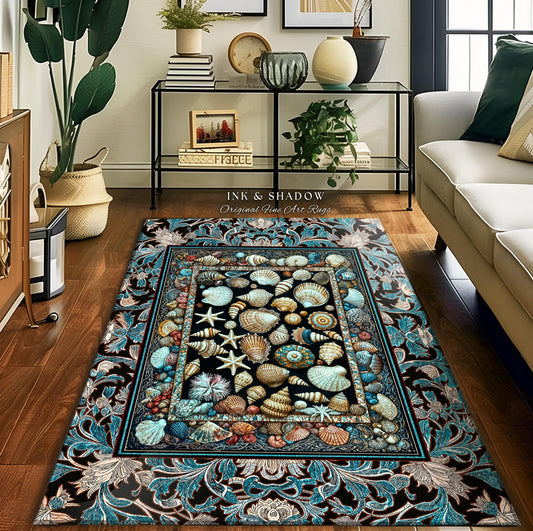 Ocean Theme Coastal Area Rug | Beachy Cottage Nautical Theme Seashell Art Vintage Mermaidcore Marine Life Bedroom Accent Rug Eclectic Decor