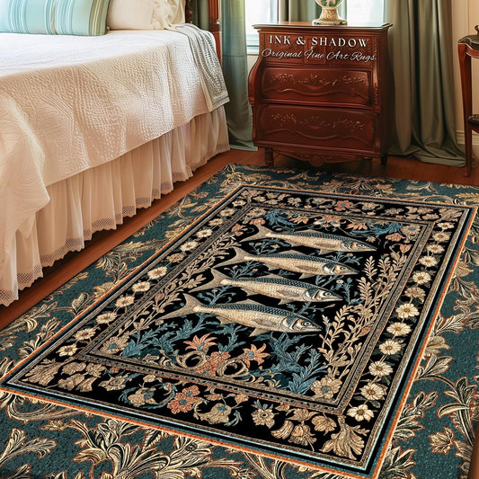 Rustic Nautical Eclectic Accent Rug | Sardine Art Throw Marine Life Decor Coastal Bedroom Area Rug Ocean Scene Ethereal Ornate Cottagecore