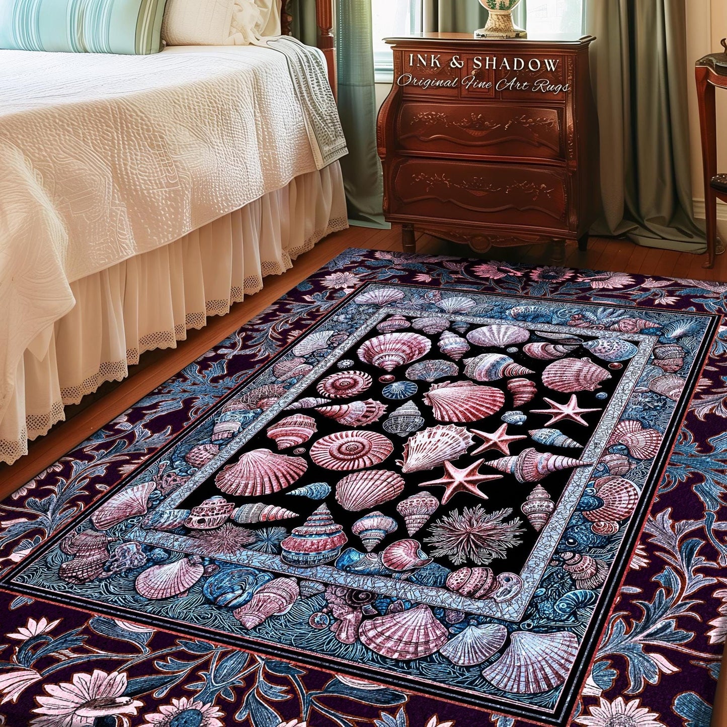 Dreamy Marine Sea Shell Area Rug | Beach-Inspired Nautical Bedroom Coastal Art Fairycore Bedroom Ocean Fantasy Decor Pastel Starfish Accent