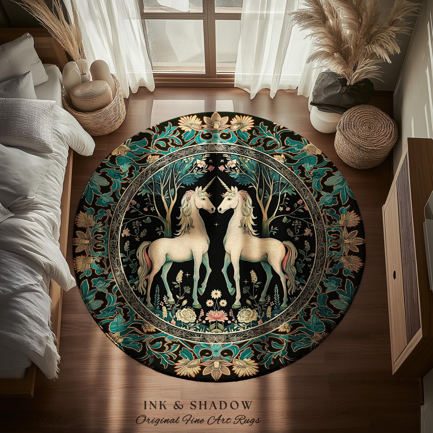 Fantasy Garden Unicorn Round Rug Cottagecore Art Nouveau Fairycore Decor | Whimsical Woodland Fairytale Victorian Floral Enchanted Accent |