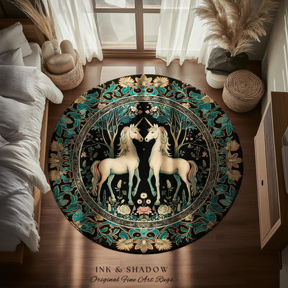 Fantasy Garden Unicorn Round Rug Cottagecore Art Nouveau Fairycore Decor | Whimsical Woodland Fairytale Victorian Floral Enchanted Accent |