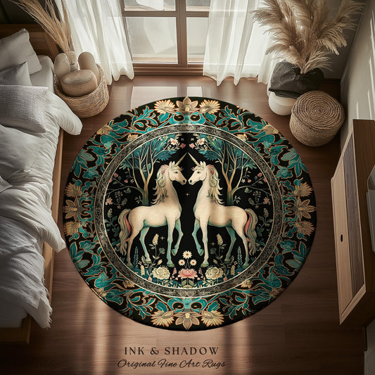 Fantasy Garden Unicorn Round Rug Cottagecore Art Nouveau Fairycore Decor | Whimsical Woodland Fairytale Victorian Floral Enchanted Accent |