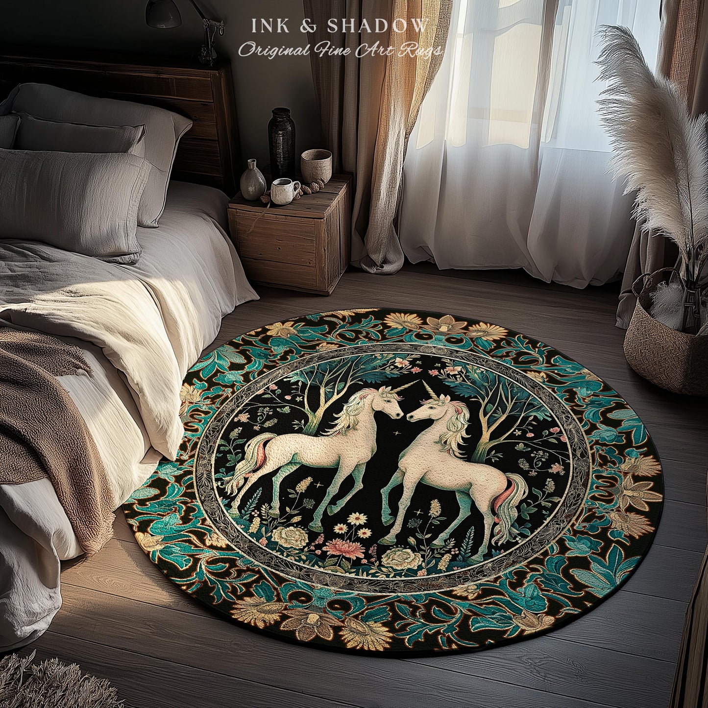 Fantasy Garden Unicorn Round Rug Cottagecore Art Nouveau Fairycore Decor | Whimsical Woodland Fairytale Victorian Floral Enchanted Accent |