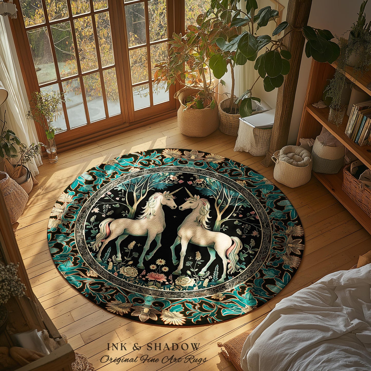 Fantasy Garden Unicorn Round Rug Cottagecore Art Nouveau Fairycore Decor | Whimsical Woodland Fairytale Victorian Floral Enchanted Accent |