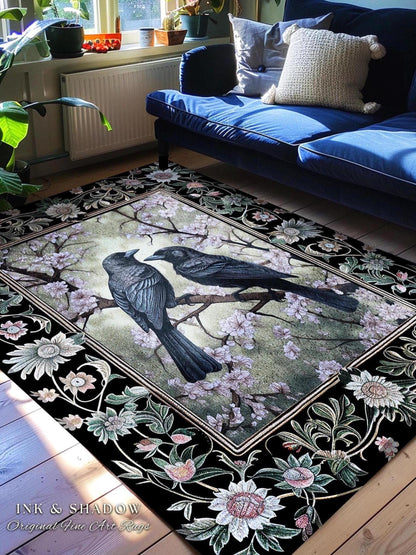 Whimsigoth Floral Raven Rug Crowcore Whimsical Woodland Gothic Fairycore Grunge, Enchanted Forest Moody Vintage Cottagecore Black Bird Decor