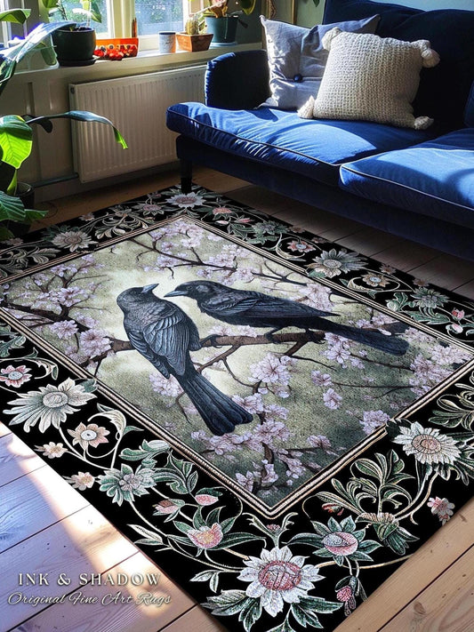 Whimsigoth Floral Raven Rug Crowcore Whimsical Woodland Gothic Fairycore Grunge, Enchanted Forest Moody Vintage Cottagecore Black Bird Decor