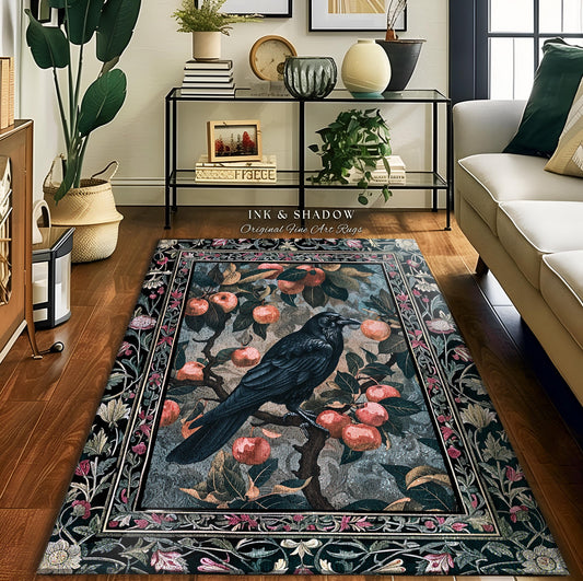 May include: A black and green rug with a floral border. The center of the rug features a black raven perched on a branch with red apples. The rug has the text &#39;INK & SHADOW Original Fine Art Rugs&#39; in the top center.