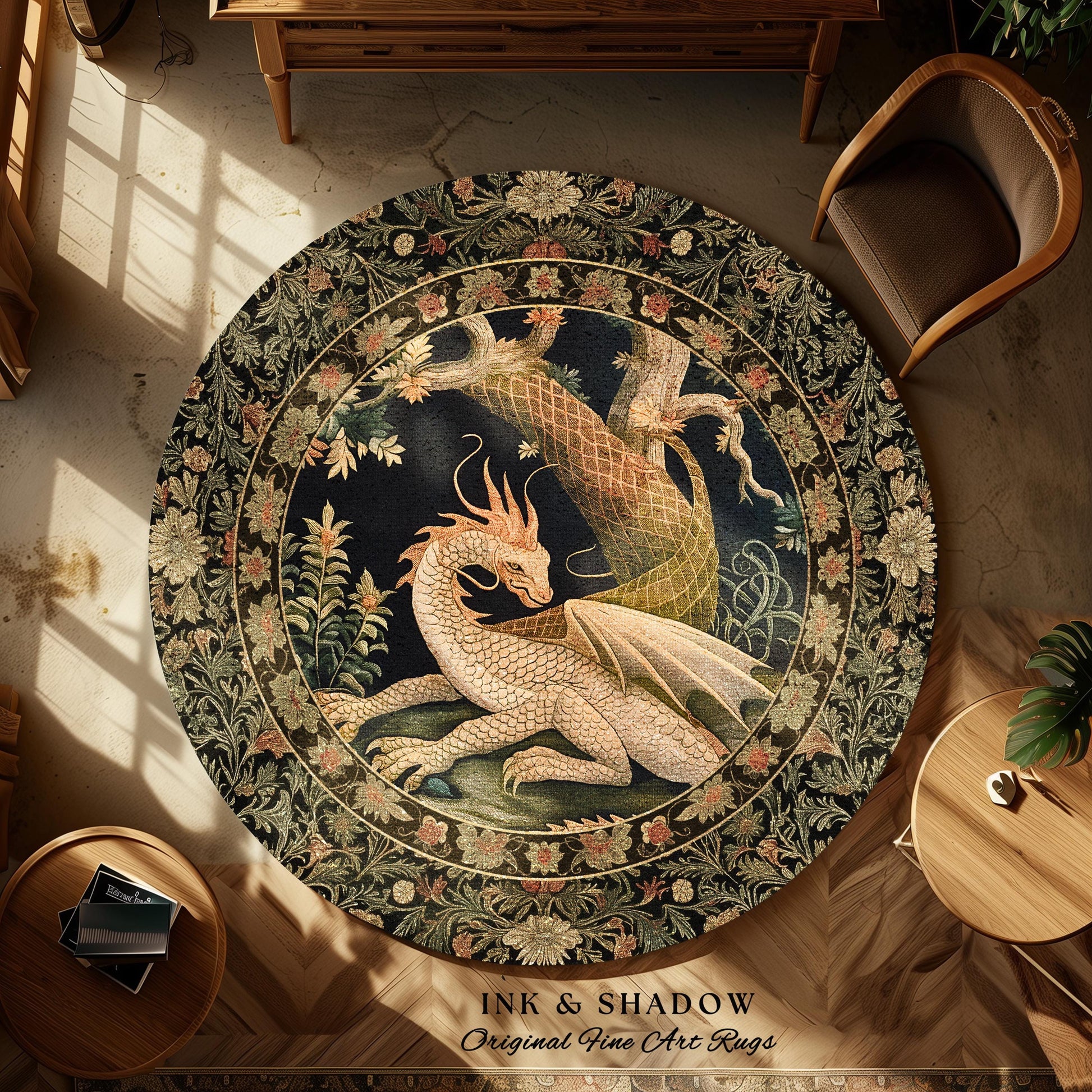 Enchanting Dragon Personal Round Area Rug | Ethereal Gothic Home Decor Fairycore Bedroom Magical Aesthetic Maximalist Cottagecore Dragon |