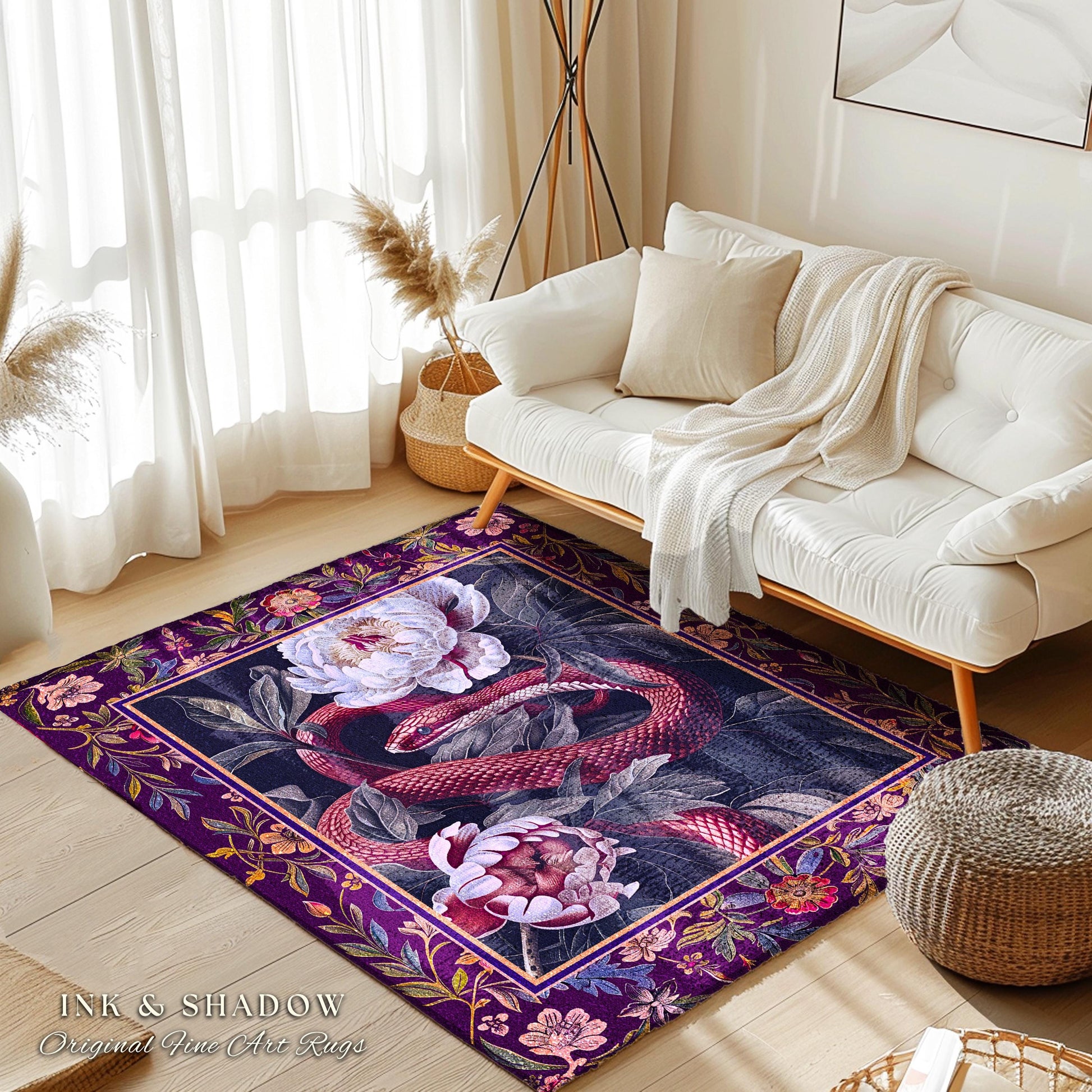 Whimsigothic Dark Floral Serpent Rug Enchanted Forest Whimsical Purple Botanical Decor | Mystical Witchy Cottagecore Moody Vintage Snake Art