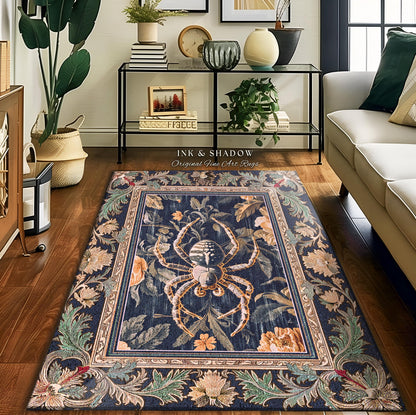 Victorian Gothic Spider Rug Dark Academia Botanical Goblincore Decor, Whimsical French Baroque Enchanted Forestcore Art Aesthetic Accent Rug