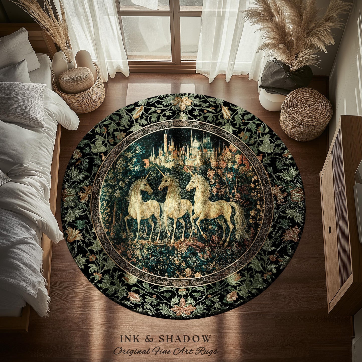 Mystic Academia Unicorn Area Rug | Dark Victorian Gothic Floral Landscape Magical Elegance Aesthetic Accent Rug Storybook Fairytale Artwork