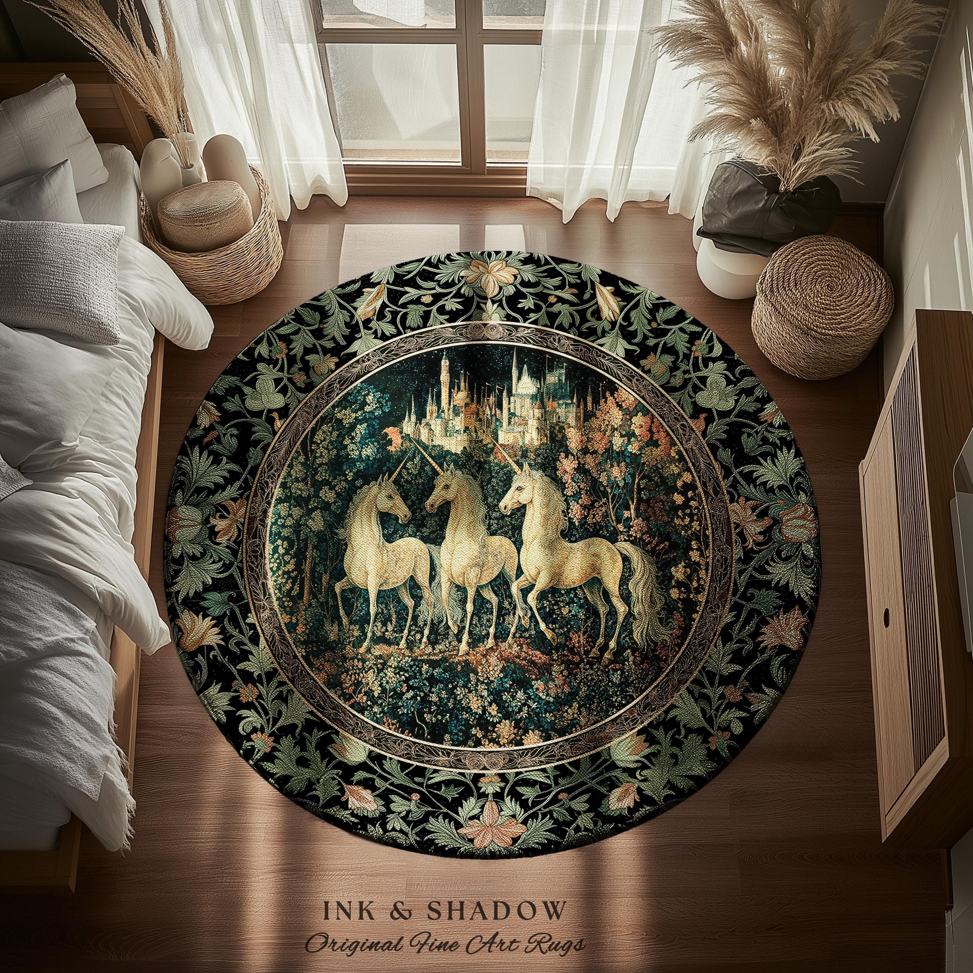 Mystic Academia Unicorn Area Rug | Dark Victorian Gothic Floral Landscape Magical Elegance Aesthetic Accent Rug Storybook Fairytale Artwork