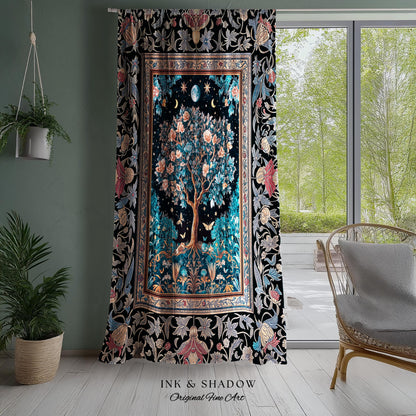 Enchanted Moonlit Tree of Life Curtains | Romantic Forest Aesthetic Home Decor Vintage Boho Style Housewarming Gift Cozy Bedroom Drapes |