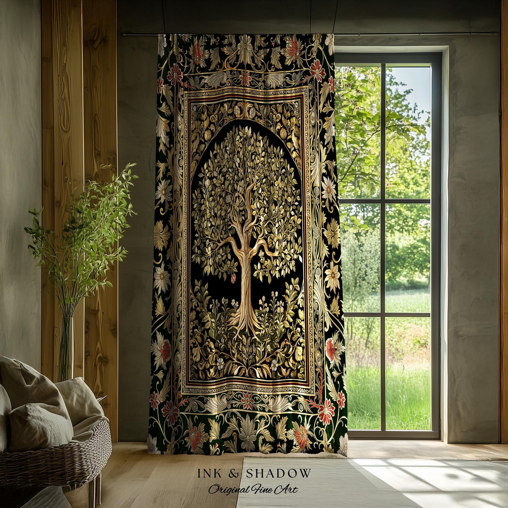 Tree of Life Fairytale Inspired Drapes | Celestial Folk Art Decor Cottagecore Folklore Style Curtains Housewarming Gift Cozy Bedroom Accent