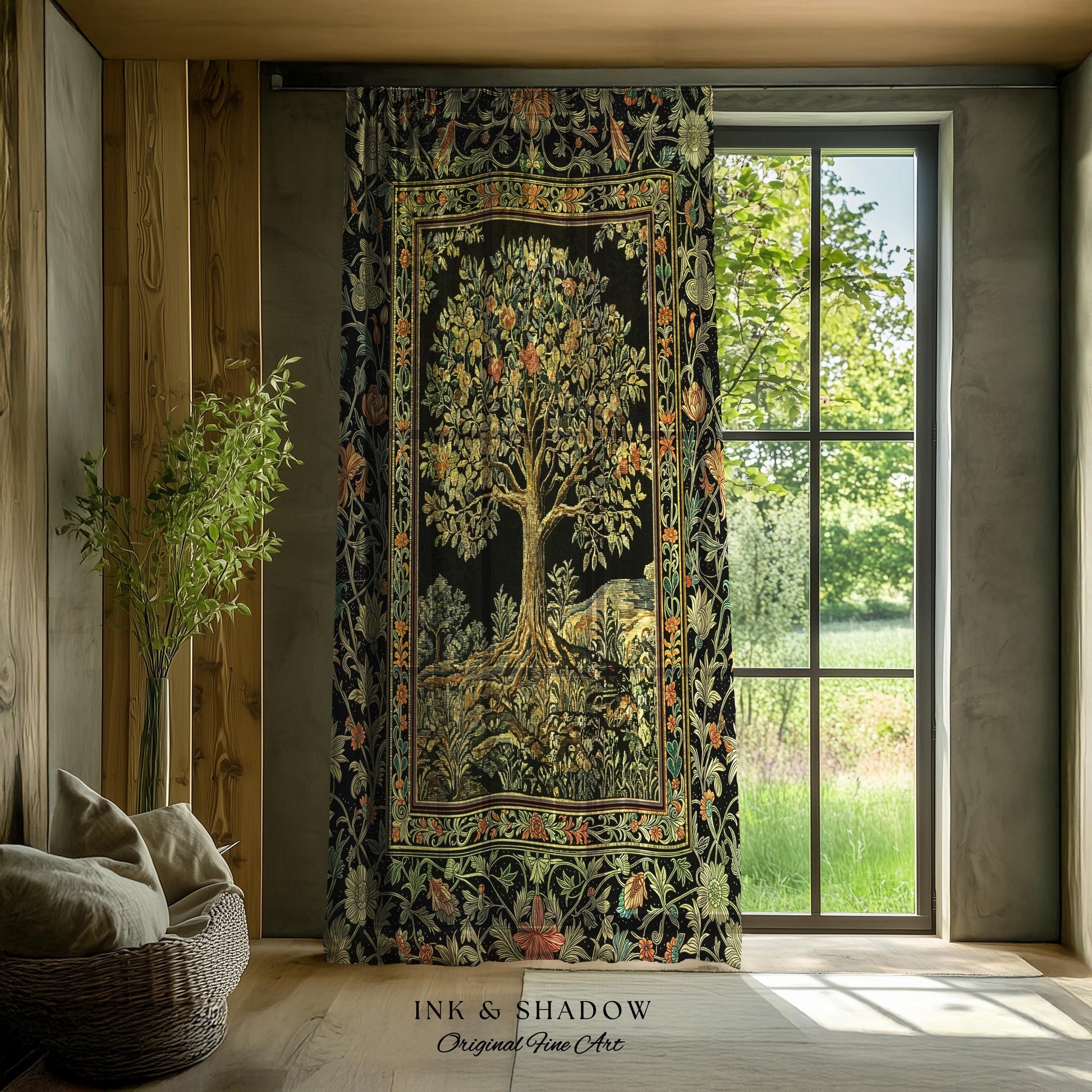 Regal Woodland Tree Curtains | Floral Heritage Decor Drapes Parisian Style Gothic Cottagecore Aesthetic Traditional Room Accent Chateaucore