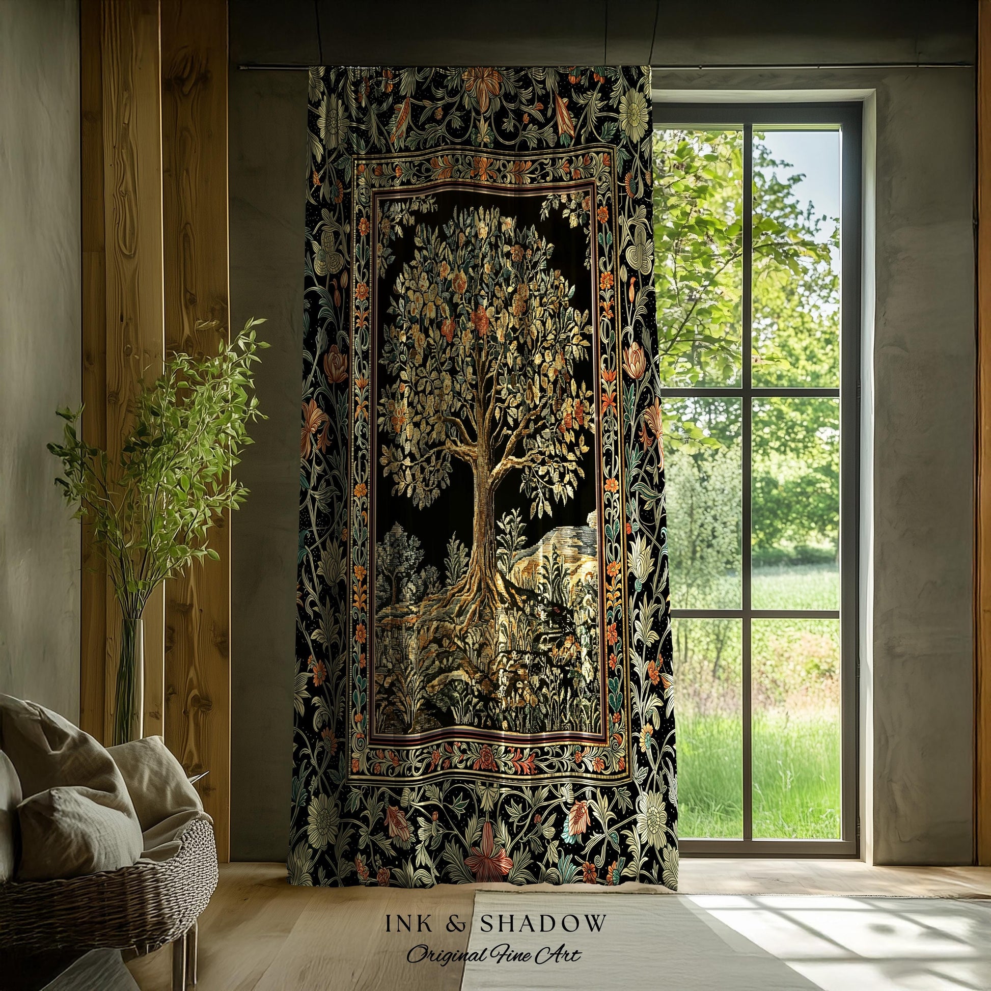Regal Woodland Tree Curtains | Floral Heritage Decor Drapes Parisian Style Gothic Cottagecore Aesthetic Traditional Room Accent Chateaucore