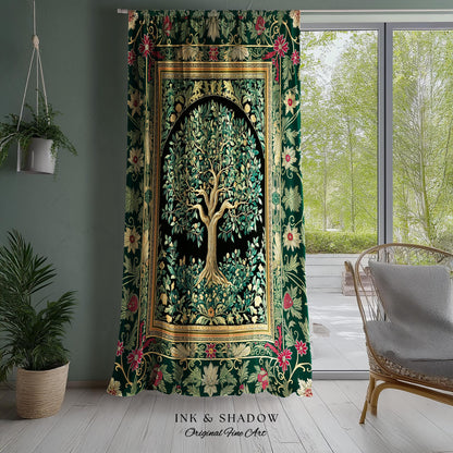 Forest Green Heritage Tree Curtain | Lush Botanical Tapestry Style Emerald Floral Drapes Vintage Cottagecore Maximalist Medieval Aesthetic
